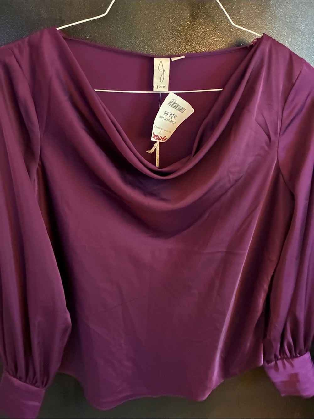 Joie Deep Plum Draped Cowl Neck Blouse with sleeve detail M NWT